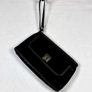 Vintage Y2K Cole Haan Fabric Leather Trim Black Evening Bag  Silver Hardware